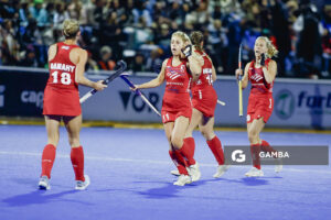 Jugadoras de Estados Unidos tras el gol convertido por Ryleigh Heck. Copa Panamericana de Hockey. Cancha Celeste.