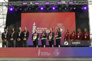 Podio de los Cuatro Pares de Remos Cortos Femenino. XIII Juegos Suramericanos Santa Fe 2026.